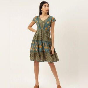 Label Ritu Kumar Teal Floral Print Short Dress